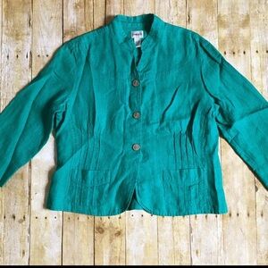 Chicos Women’s 100% Delave Linen Sibley Jade Color Button Down 3/4 Sleeve Jacket